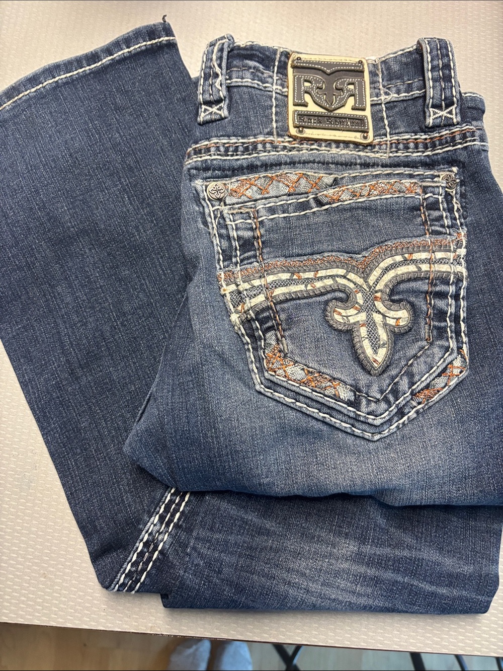 Rock Revival Mens Dark Blue Embroidered Pocket Jeans size 31 regular